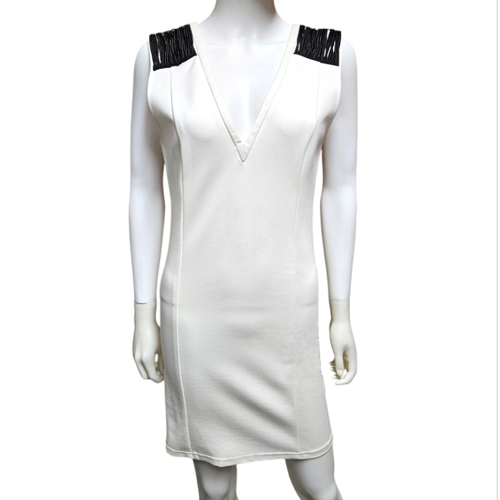 PIERRE BALMAIN | Ivory Structured Mini Dress Black Shoulder Detail US 10 ~ NWT
